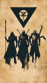 Three hooded warriors stand beneath a triangular emblem
