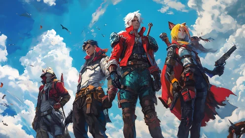 Aerial combat squad in stylized anime hero formation.