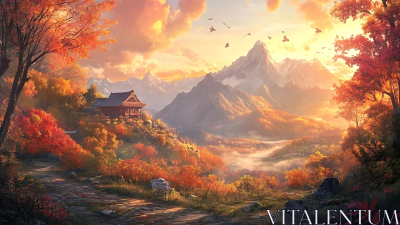 Autumn temple dreaming beneath ember-tipped mountain skies.