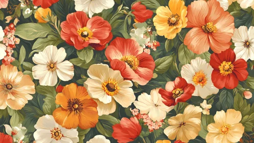 Vibrant Floral Garden Display with Red, Orange, and Cream Blooms