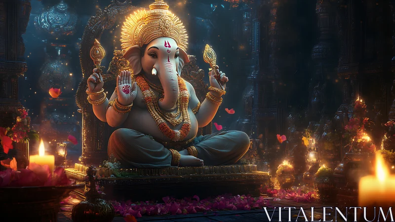 Divine Ganesha idol glows amid candles in ornate temple