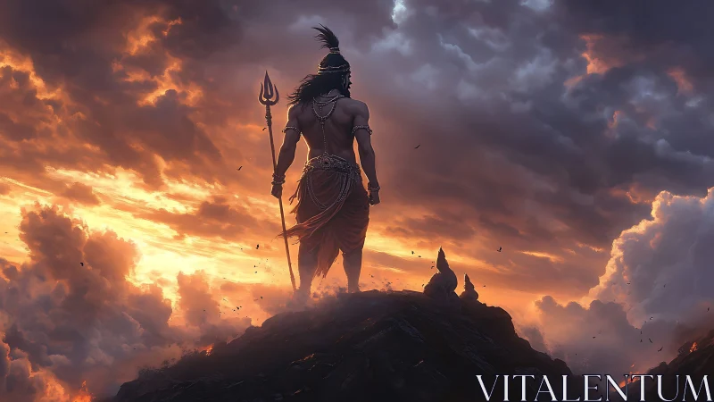 Warrior figure stands on rocky peak against burning sky