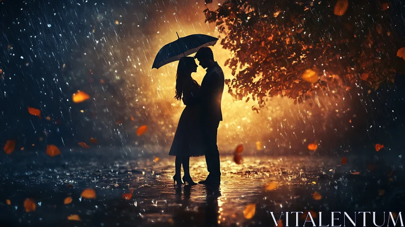 Silhouetted Couple in Rain: Romantic Silhouette with Umbrella.