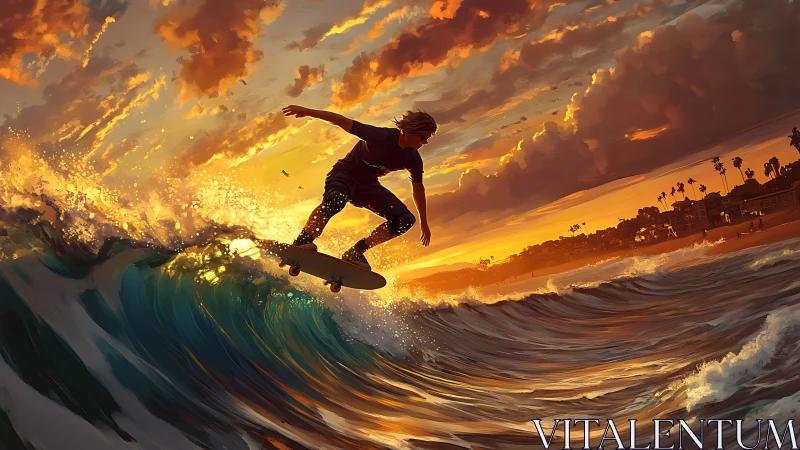 Surfer rides breaking wave under dramatic sunset sky