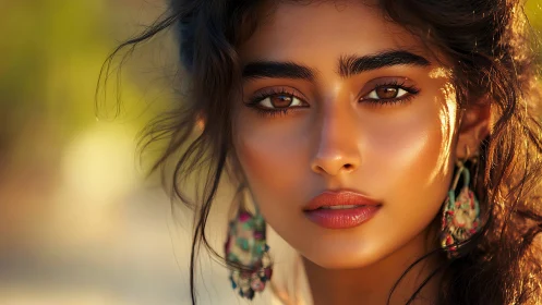 Sunlit portrait with glowing skin and soulful gaze.