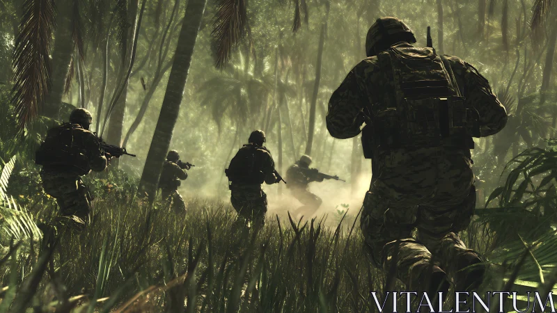 Jungle fireteam advances through sunlit haze of combat.