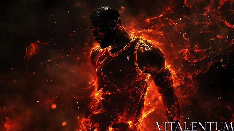 Silhouetted basketball player engulfed in dynamic fiery motion