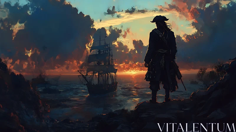 Silhouetted pirate observing sailing ship at coastal sunset.