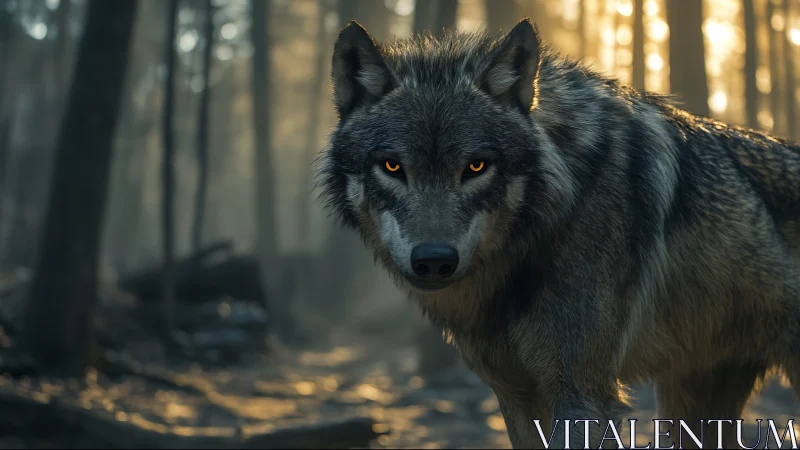 Grey wolf with glowing eyes in misty forest light.