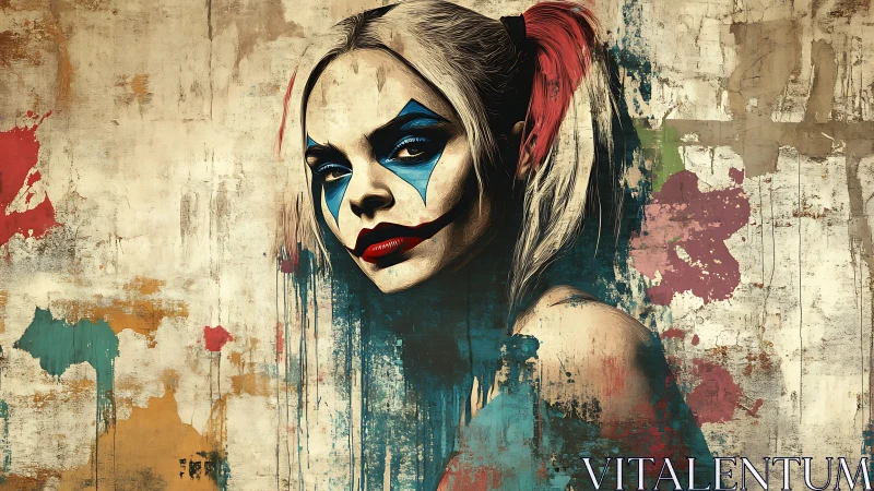 Clown makeup woman portrait on grunge textured wall art.