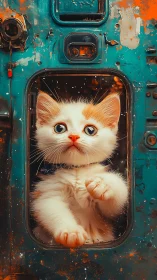 Wide-eyed kitten framed in teal distressed metal hatch.