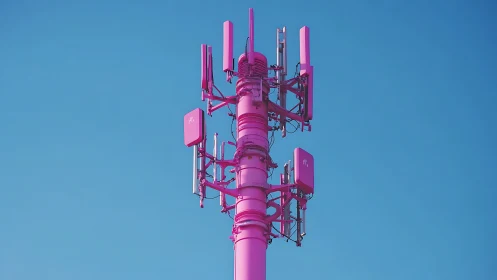 Magenta cellular antenna mast with sector panels against sky.