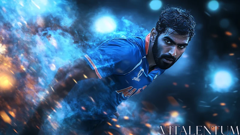 Focused cricket player racing through glowing blue energy.