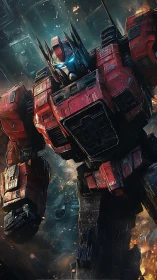 Heavily armored red mech robot stands in tilted battle scene
