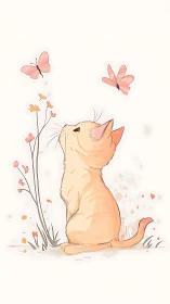 Feline observational study of butterflies in pastel field.