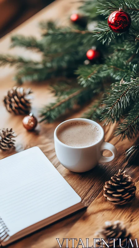 Winter coffee muses beside pine branches and story pages