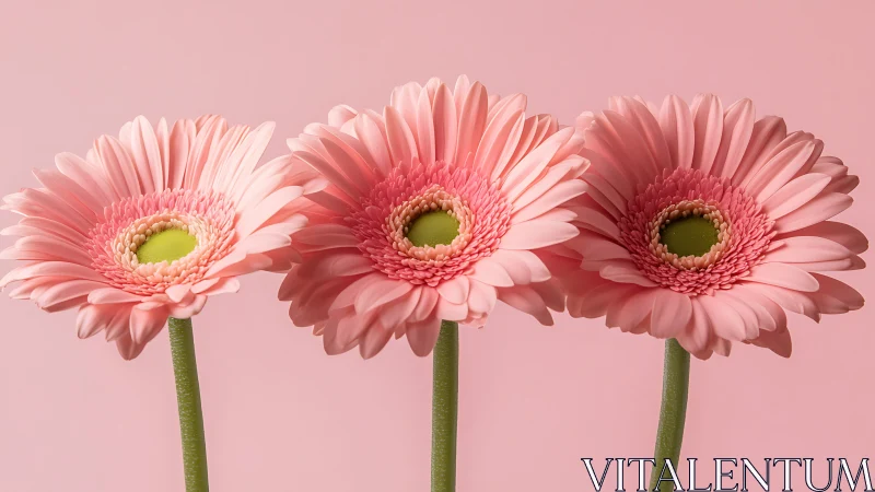 Three Pink Gerberas in Symmetrical Composition Against Gradient.