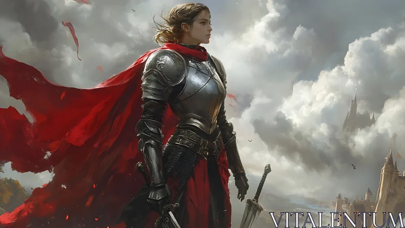 Crimson-caped knight surveys stormlit skies above the realm