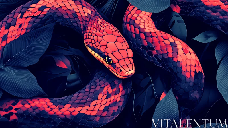 Neon coral serpent coiled through stylized indigo foliage.