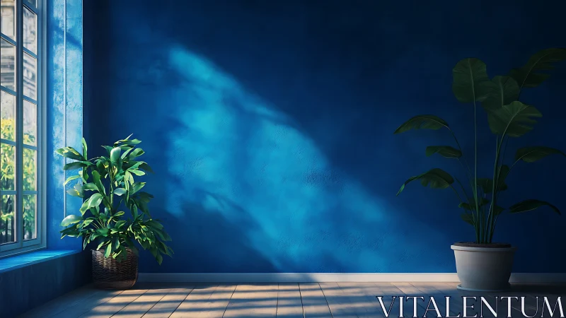 Directional daylight casts soft gradients across blue interior wall