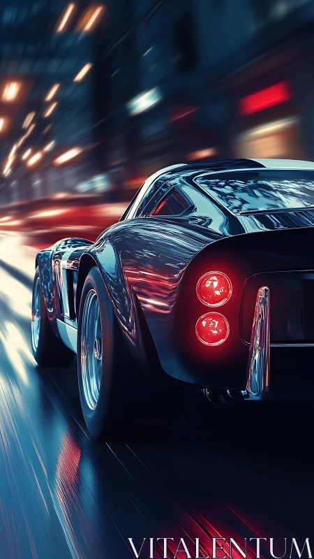 Rear view of classic sports car on wet night city street.