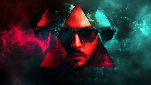 Prismatic rebel in neon smoke, split by a glowing triangle.