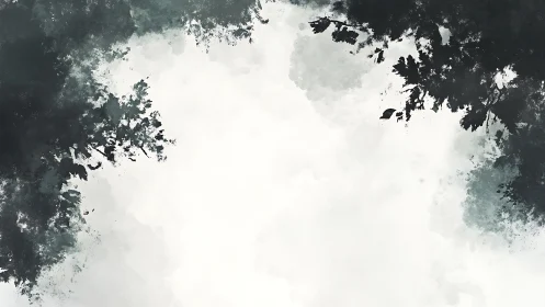 Ink-washed forest borders framing a pale mist center.