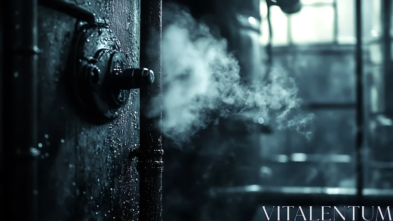 Moody industrial boiler softly releasing cool white steam