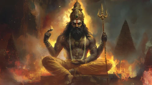 Divine warrior figure seated amid flames and temples.