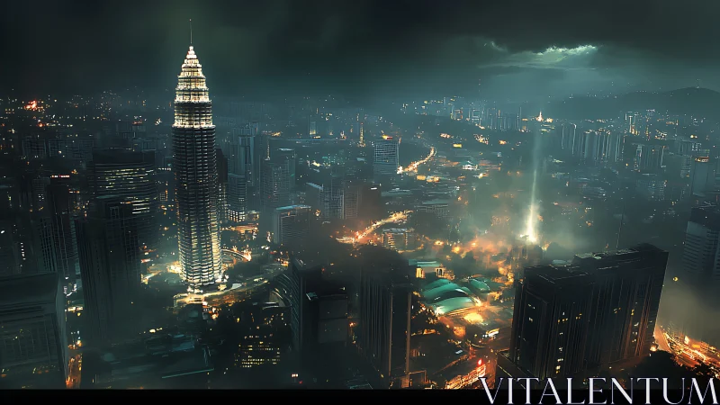 Nighttime city skyline shows illuminated tower in heavy haze