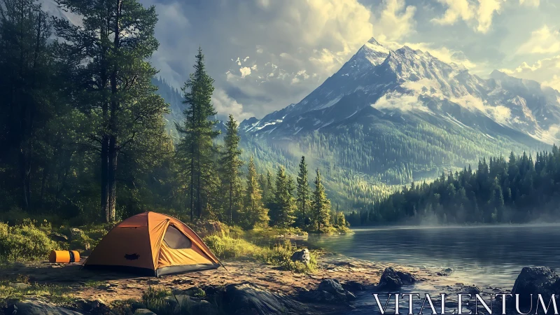 Mountain lake campsite under dramatic morning light.