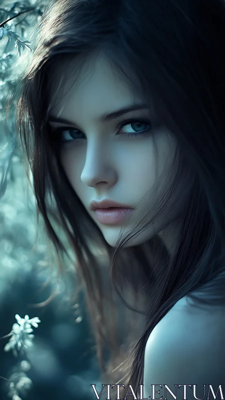 Moonlit gaze of a forest muse in cool teal hush.