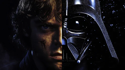 Split destiny portrait of scarred hero and masked shadow twin.