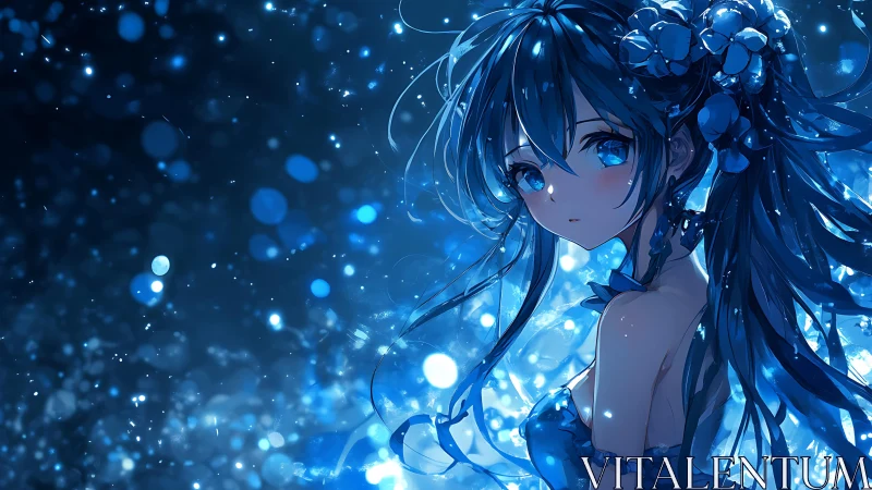 Blue-toned anime girl amid floating light particles.