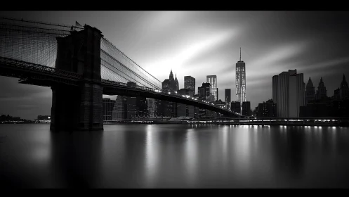 Monochrome long‑exposure city bridge over reflective river at dusk