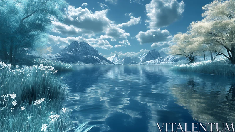 Mountain lake reflects clouds, trees and distant snowy peaks