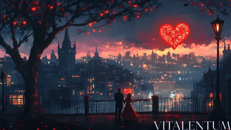 Couple Under Glowing Hearts Above Gothic Cityscape at Dusk.