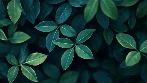 Lush green leaves form a tranquil, softly lit forest canopy