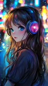Girl wearing glowing headphones listens in neon city night