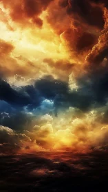 Layered storm clouds over dark sea with intense lighting.