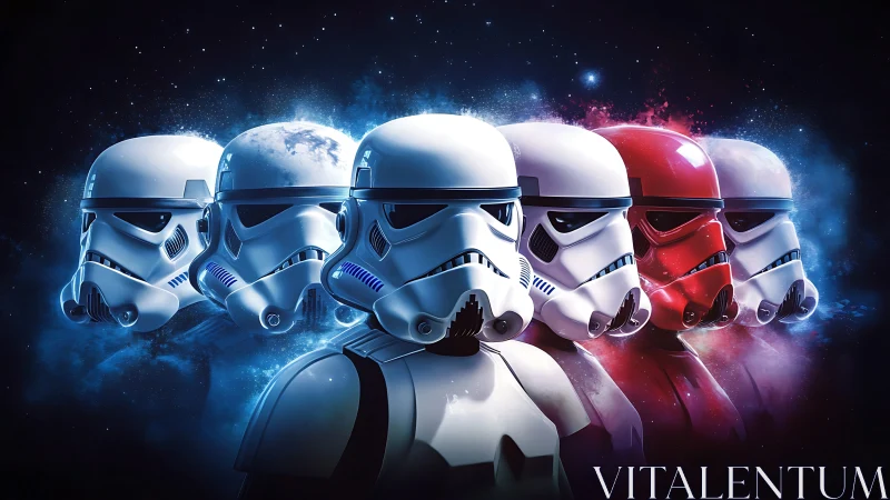 Row of armored sci fi soldiers with one red helmet.