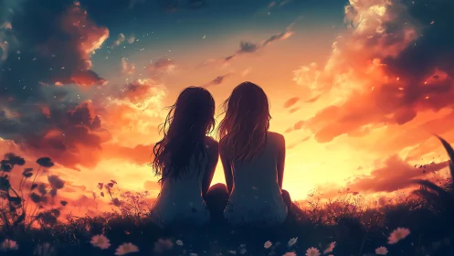 Sunset meadow friends sharing a quiet golden sky moment.