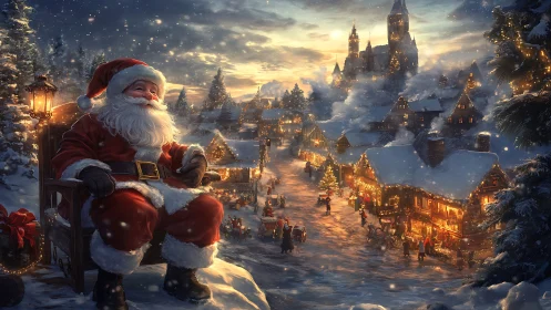 Snowy Christmas village panorama with seated Santa Claus