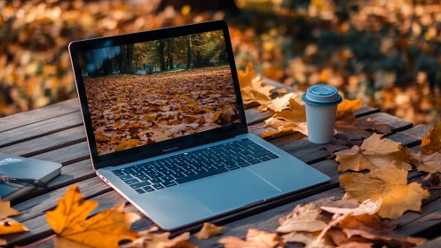 Laptop rests on wooden table amid vivid autumn leaves