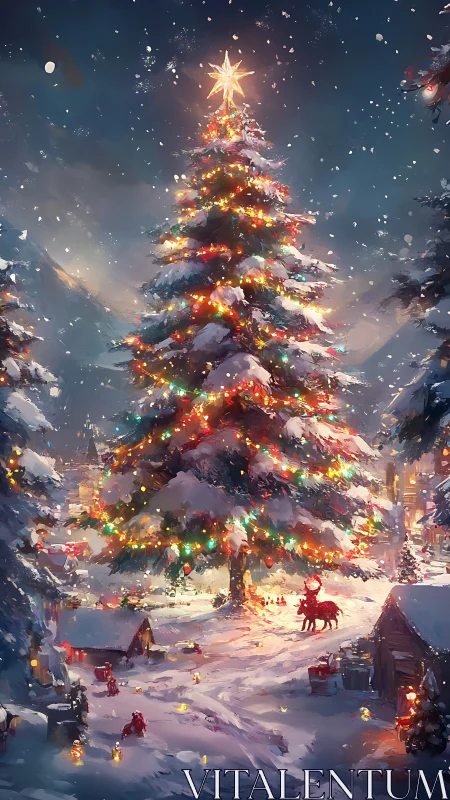 Snow-covered Christmas tree with village and decorations.