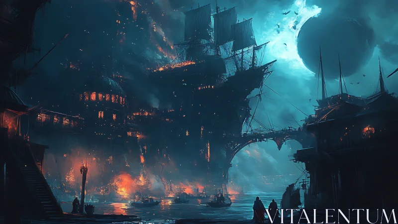 Moonlit ghost ship harbor glowing with mysterious fires.