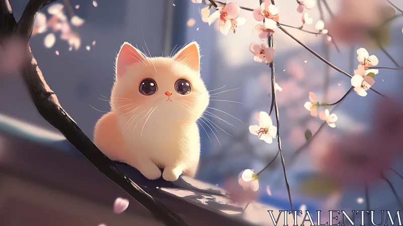 Soft-lit kitten beneath luminous spring cherry blossoms.