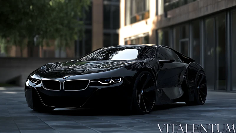 Black futuristic sports coupe reflects city courtyard light