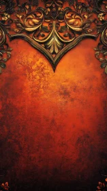 Ornate gold floral border on textured red background design.