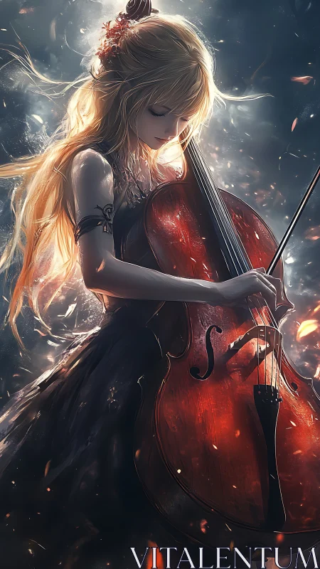 Cellist bathed in ember-lit glow channels quiet passion